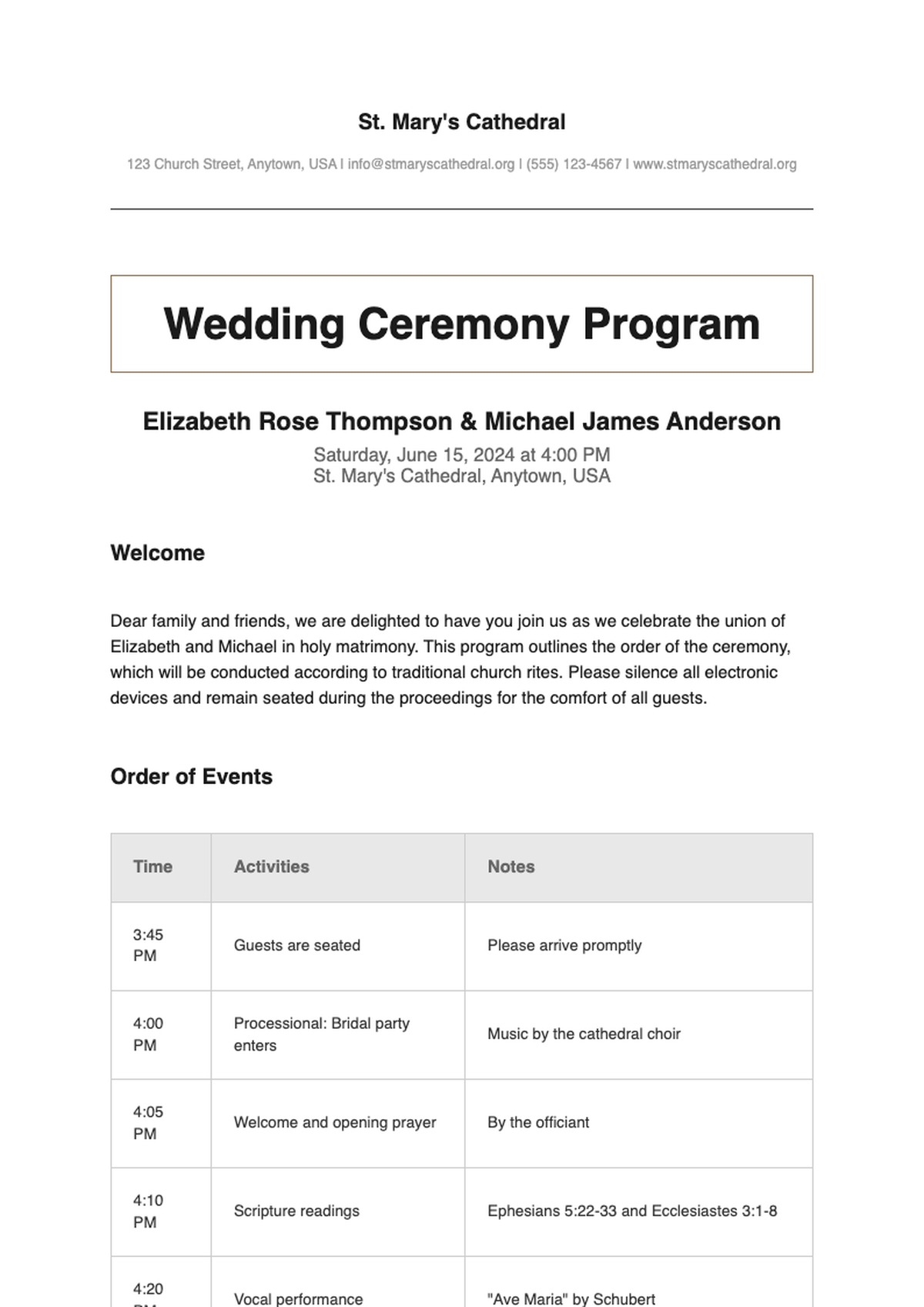 Printable church wedding ceremony program template with order of events table_variant_1